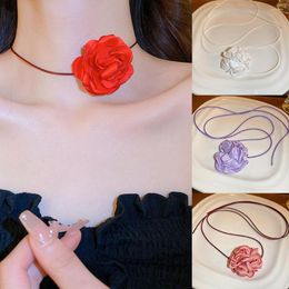 Choker touwketen en 1 pc ailodo big rozen ketting verstelbaar voor vrouwen elegante veter op nek sieraden meisjes cadeau