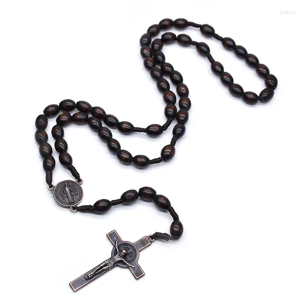 Collar de rosario de gargantilla Vintage Jesús Cross Catholic Brown Wood Beads Oración Joyería religiosa para hombres Mujeres