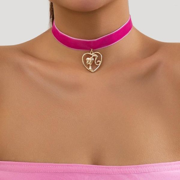 Ras du cou couleur Rose large bande de flanelle avec fille en coeur pendentif collier pour femmes accessoires à la mode collier sur le cou bijoux