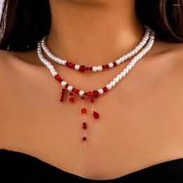 Salircon – collier ras du cou en perles de cristal rouge pour Halloween, Double couche, court, tendance, gothique, Imitation de perles, bijoux de fête Cosplay, cadeau