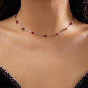 Salircon – collier ras du cou à breloque minimaliste, chaîne en cuivre fin, clavicule courte, perles de cristal rouge Vintage, bijoux esthétiques pour femmes