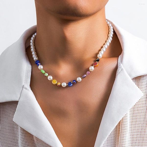 Gargantilla Salircon Trend Y2K patrón acrílico collar de cadena de cuentas temperamento perla de imitación para hombres joyería Casual Simple