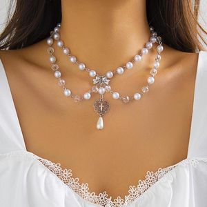 Salircon – collier ras du cou Vintage avec pendentif en forme de cœur et croix, style gothique, multicouches, pompon, Imitation de perles, chaîne tendance, bijoux de cou de fête