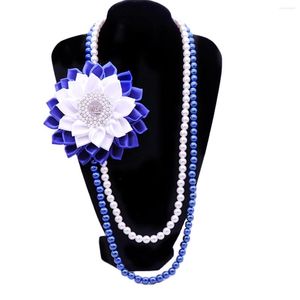 Ras du cou Satin Blanc Bleu Ruban Corsage Fleur Lettre Grecque Perle Strass Zeta Phi Beta Collier Sororité