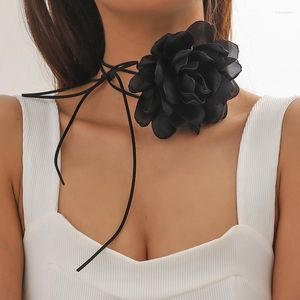 Choker sexy eenvoudige zwarte stof grote rozenbloem lange lint kettingen kraag halsband sleutelbeen ketting chockled feest sieraden cadeau