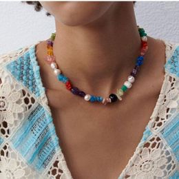Gargantilla Simple Bohemian Beads Beaded Pearl Necklace Irregular Colorful Natural Grava Stone Collares Mujer Joyería Femenina