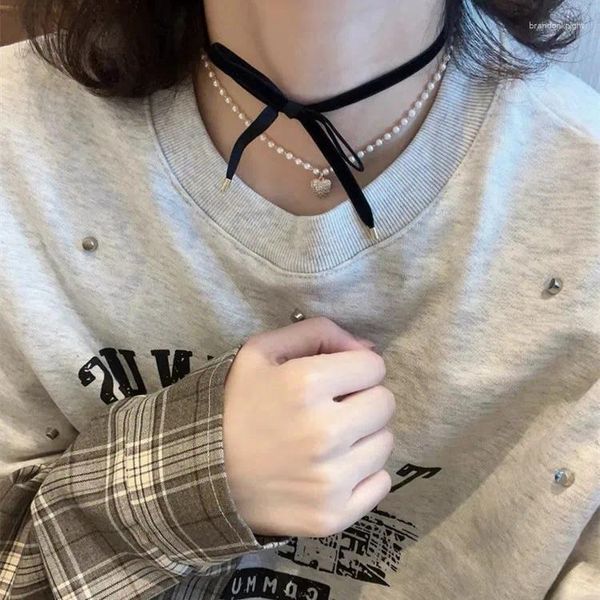 Gargantilla Simple Collar con colgante de doble capa para mujer Vintage Terciopelo Imitación Perla Moda Cóctel