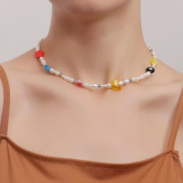 Gargantilla Simple de cerámica blanda con forma de corazón, flor esmaltada, collar de perlas, adorno, moda bohemia femenina, genial