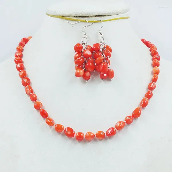 Gargantilla Simple Versátil Verano Mujer Collar Naranja Coral Natural/Pendientes Conjunto 18