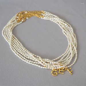 Collier ras du cou Simple et ovale pour femmes, perles baroques d'eau douce, lettres en bambou doré, bijoux de déclaration tendance