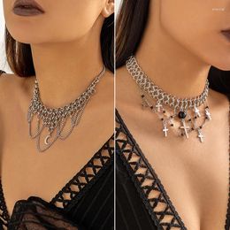 SRCOI – collier ras du cou avec chaîne en métal pour femmes, Punk foncé, croix, pompon, Egirl Y2K, bijoux, bavoir de clavicule