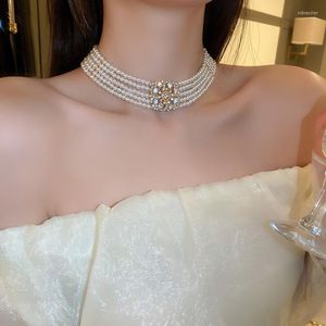 Tour de cou SRCOI luxe exagéré multicouche perle brin collier mode clair strass fleur tour de cou collier cadeaux de mariée