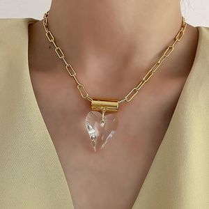 Choker Srcoi Vintage Clear Glass Heart Hanger Ketting Pin Link Chain Love Charms Clavicle For Women Party