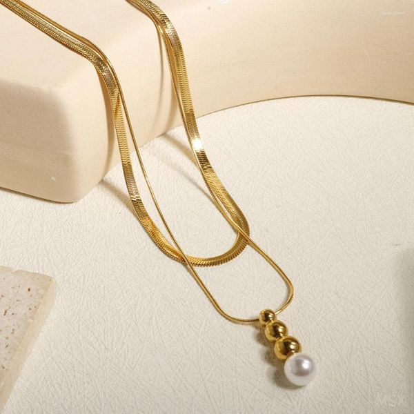 Collier ras du cou Double couche avec pendentif boule en acier inoxydable pour femmes, chaîne de lame de perle d'eau douce brillante, bijoux cadeaux