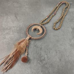 Choker -stijl Tassel Feather Bohemian Long Necklace Pompom trui houten ketens sieraden overdreven ontwerp lederen maan druppel