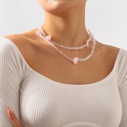 Choker zomer schattige zoete roze bloemen kralen korte sleutelbeen ketting voor vrouwen meisjes vakantie strand sieraden