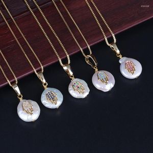 Choker Tiny Fatimas Hand Hamsa Luck Protection Charme Freshwater Pearl Bead Dainty Gold Link Chain Pendant Necklace for Women