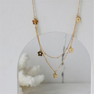 Choker titanium staal vergulde 18k gouden kleur daisy bloem dubbele laag ketting hanger licht licht luxe sleutelbeen ketting feestje geschenk sieraden