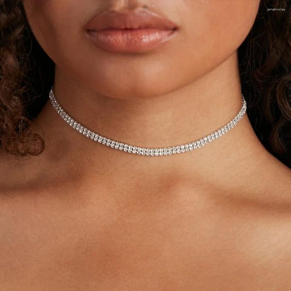 Choker Treazy Simple 2 Rows Collier en cristal en ramiage pour femmes Chaîne de couleur Silver Color Bijoux Collier Femme