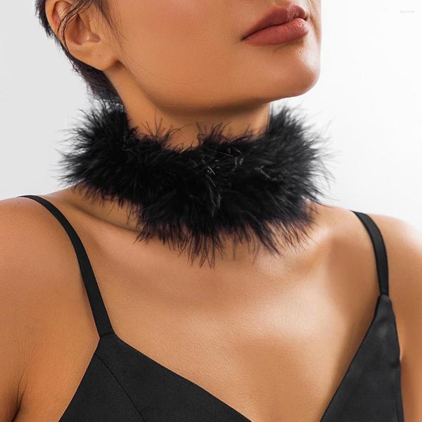 Gargantilla de moda, collar de plumas blancas y negras para mujer, cadena de cuerda, corbatas, joyería de felpa en el cuello, accesorios elegantes para fiestas