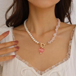 Collier ras du cou avec pendentif en forme de cœur et de perles baroques coréennes pour femmes, Simple, vert, rose, pierre naturelle, fait à la main, élégant, Boho, clavicule