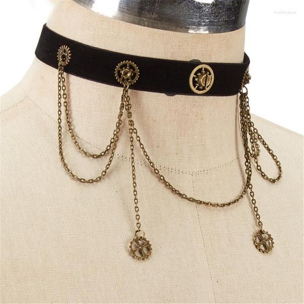 Ras du cou U2JF femmes fille rétro gothique Punk Style collier velours engrenage chaîne noir collier déclaration victorien Steampunk bijoux