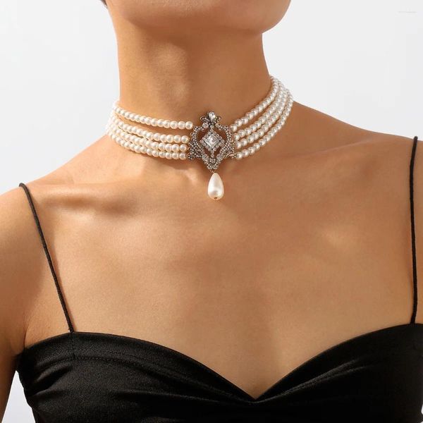 Gargantilla barroca vintage, collar de perlas talladas reales para mujer, gargantillas de Colgante cuadrado multicapa de lujo para fiesta de boda femenina