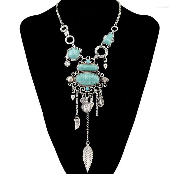 Gargantilla Vintage étnica de piedra azul, collares llamativos para mujer, hoja de Metal única, borla de moneda, collar de Color dorado y plateado, joyería