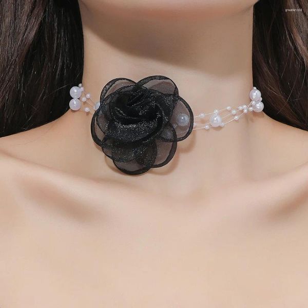 Gargantilla Vintage gótica de hilo negro para mujer, collar de cadena de perlas de imitación Simple, joyería de fiesta, collar de torsión corta