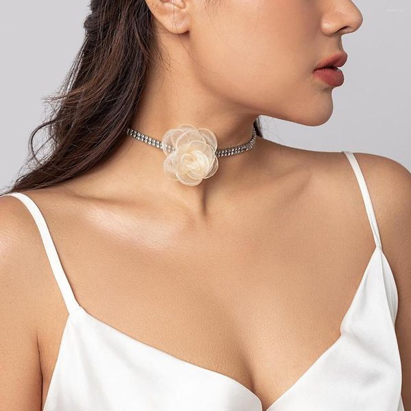 Ras du cou Vintage gothique maille Rose fleur strass clavicule chaîne collier pour femmes Sexy élégant cristal court Y2K bijoux de corps