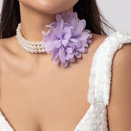 Choker Vintage Imitation Pearl Handmade Chiffon Large Flower Necklace