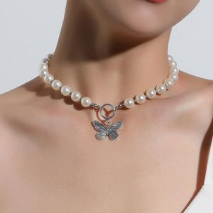 Gargantilla Vintage imitación perla blanca mariposa colgante collar para mujeres niñas moda verano fiesta joyería de moda 2023