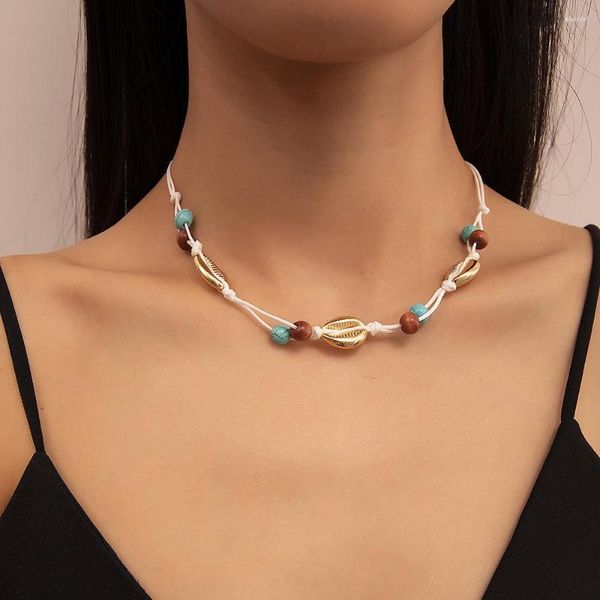 Gargantilla, collares de cadena de cuerda anudada de concha de Metal Vintage para mujer, collar de cuentas de hebra de Color turquesa hecho a mano, regalo de joyería de verano