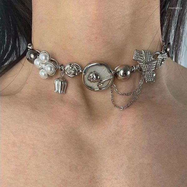 Collier ras du cou Vintage Punk Rose tendance, couleur argent, cloche en forme de cœur, fleur d'orchidée, pendentif Hip Hop, bijoux pour femmes et hommes unisexe