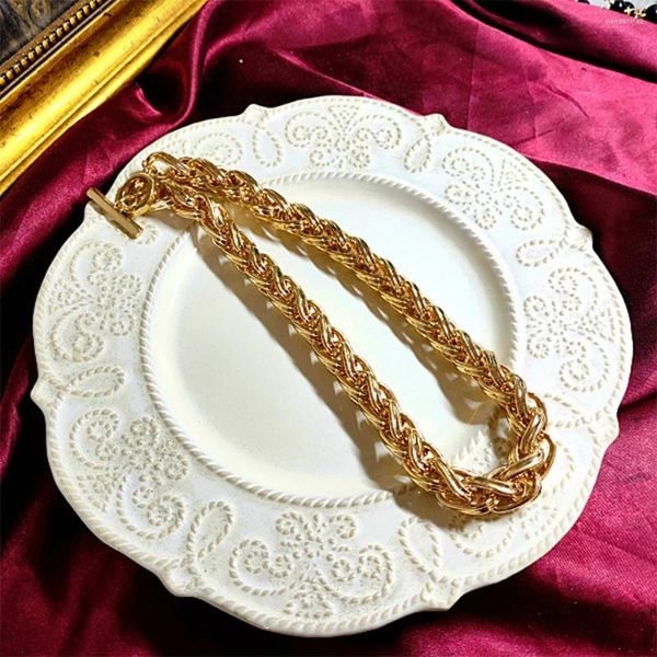 Collier ras du cou en laiton plaqué or 24K, Vintage, tendance, chaîne épaisse tissée, boucle OT, accessoire de bijoux pour femmes et filles