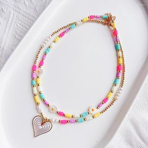 Tour de cou en gros coeur pendentif collier bijoux Boho bohème fleur marguerite collier Heishi perle colliers Y2k accessoires