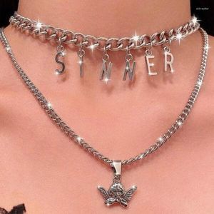 Ras du cou femmes Hip Hop lettre ange pendentif collier ensemble SINNER Double clavicule chaîne Goth Collares bijoux à bricoler soi-même