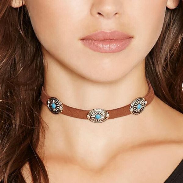 Gargantilla para mujer, collar de estilo bohemio, cadena corta Vintage marrón PU turquesa, joyería de Metal