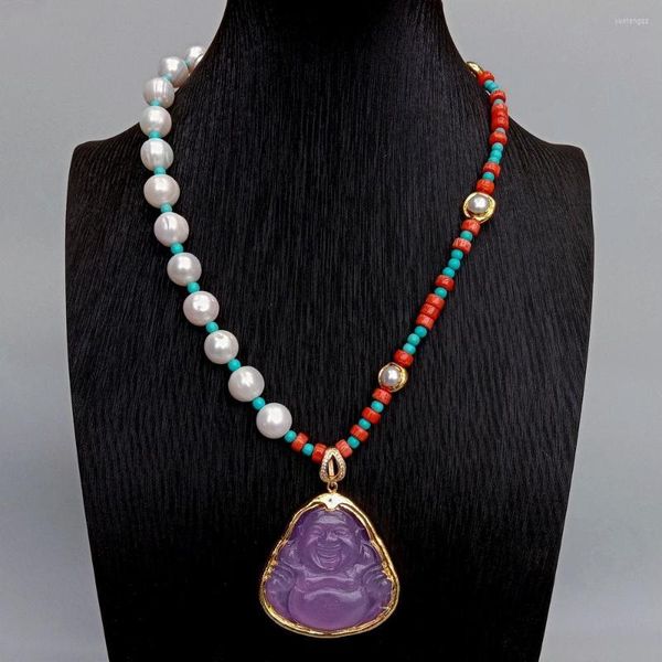 Y.YING – collier ras du cou avec perles blanches, rouge, corail, bleu, Turquoise, pendentif bouddha en Jade violet