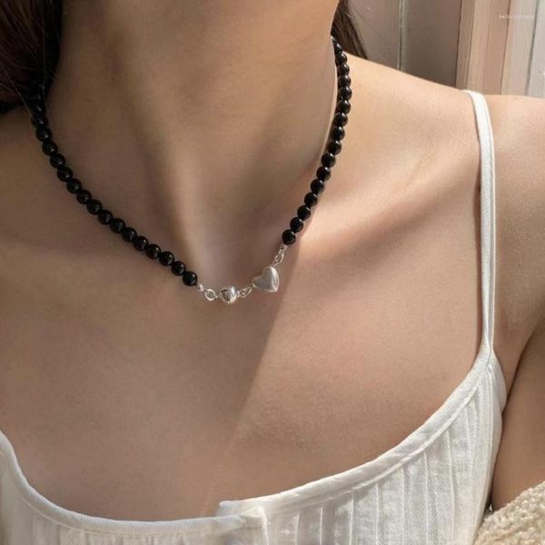 Gargantilla YOUNGX coreano negro perla artificial corazón colgante collar luz lujo imán hebilla para mujer joyería regalo