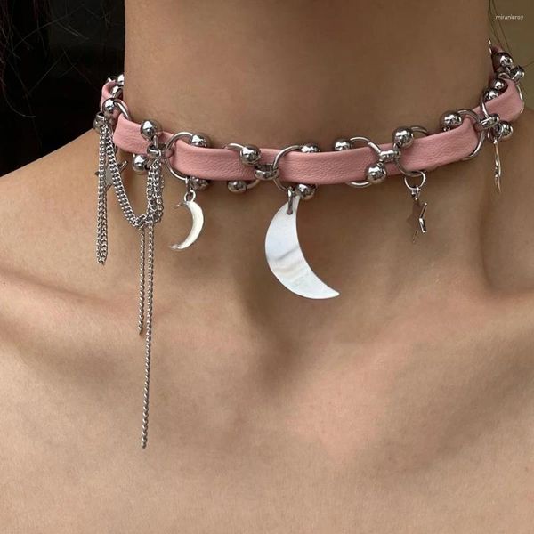 YOUNGX – collier ras du cou coréen Y2K en cuir rose, chaîne avec pompon, étoile et lune, pendentif Vintage en acier inoxydable pour femmes, bijoux cadeau