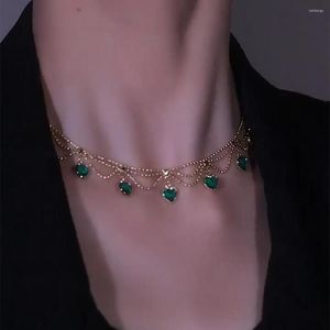 Ras du cou YOUNGX Vintage émeraude Zircon coeur collier 2023 luxe couches brillant vert cristal pour les femmes bijoux fête cadeau