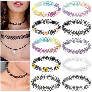 Chokers 12 pièces / Collier set Collier de tatouage élastique Retro Fleoues Elastic Collier Bijoux Girl Girl Vitality Collier D240514