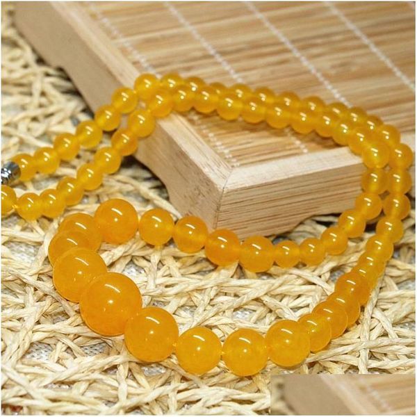 Sautoirs 6-14mm naturel Jades jaune pierre calcédoine ronde perles collier pour femmes haute qualité tour chaîne tour de cou bijoux 18 pouces B624 Otzu7