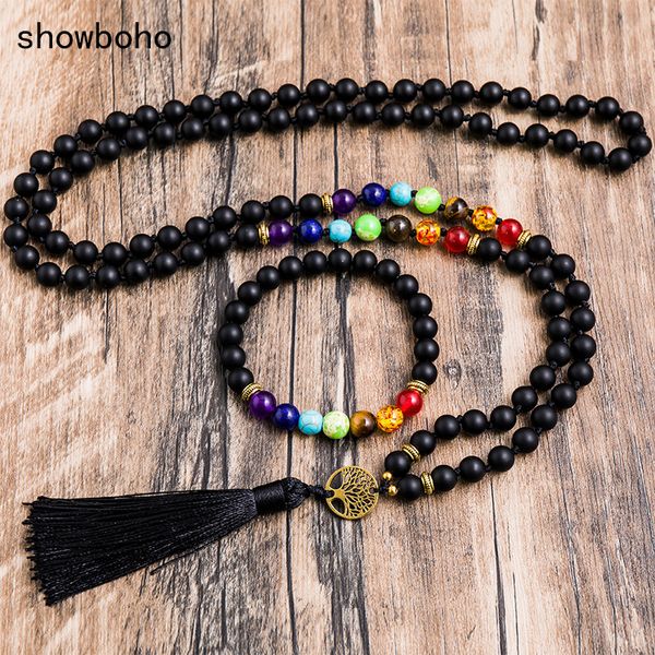 Chokers 8mm Onyx Noir Mat 7 Chakra Perlé Noué 108 Mala Collier Méditation Yoga Esprit Chanceux Énergie Bijoux Japamala Ensembles 230410