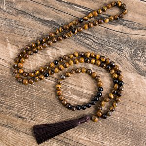 Chokers 8mm natuurlijke gele tijgerogen zwart Onyx ketting meditatie yoga sieraden 108 Japa mala kralen armband heren en dames sets 230512