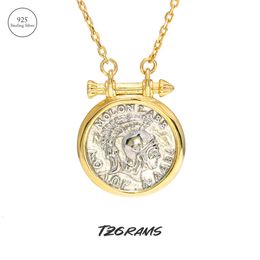 Sautoirs 925 Sterling Argent Antique Ronde Coin Collier 18K Plaqué Or Chaîne Empire Romain Chevalier Pendentif Vintage Fine Bijoux Pour Femmes 231129