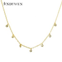 Chokers Andywen 925 Sterling Silver Gold Round CZ Charm Pendant Chain Choker Women Double Chain Necklace Mode Luxe sieraden 231218