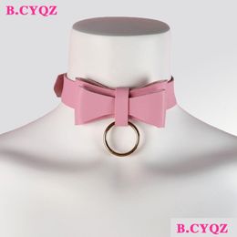 Chokers B. Cyqz Bownot Collares y Pink Goth Choker Punk Collar de cuello de cuero Mujeres Mujeres Harajuku Accesorios de cuello Deliv Dh2p3