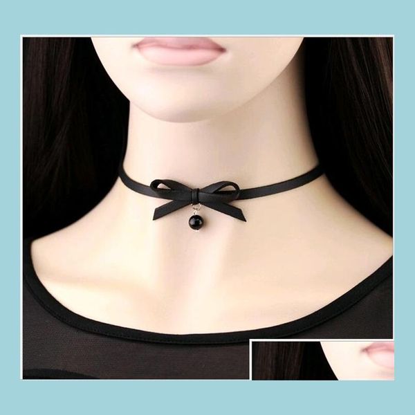 Sautoirs Noir Blanc Perle Collier Ras Du Cou Collier Style Arc En Cuir Punk Os Couples Colliers Adolescent Mode Bijoux Coréen Drop Deli Dh1Ym